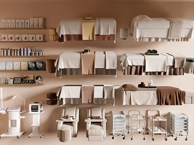 Modern Beauty Salon Equipment With Treatment Beds Trolleys Shelves And Skincare Products 3d model