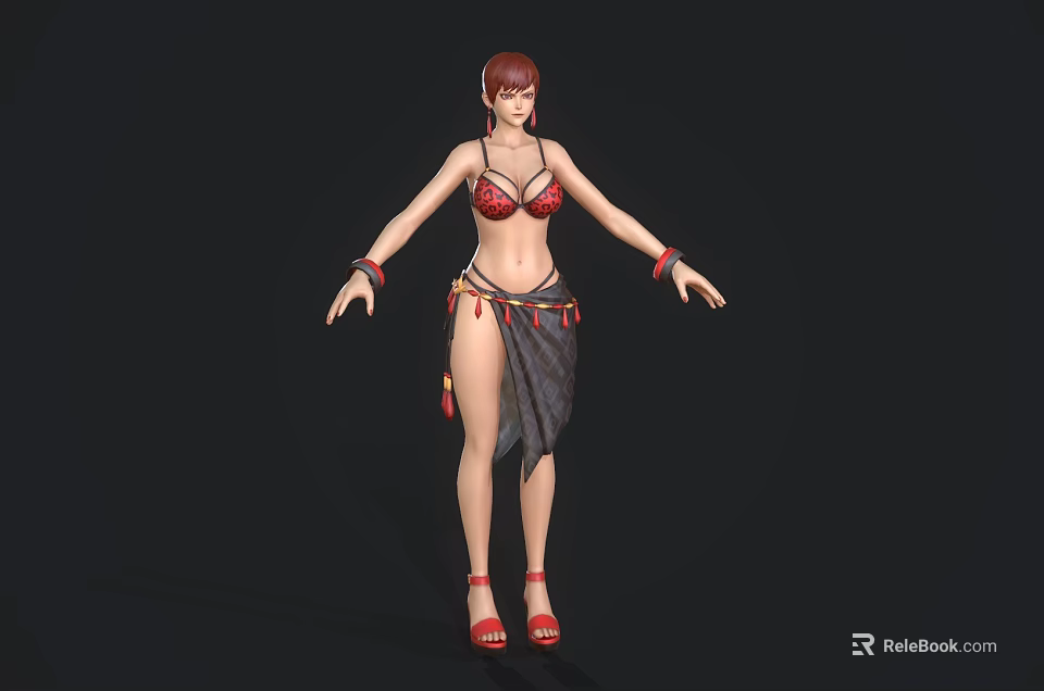 Game Movie Character Red Haired With Red Bikini Top Black Fringed Skirt Red Bracelets Heels 3d model 