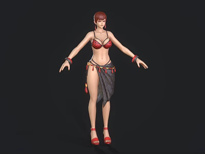 Game Movie Character Red Haired With Red Bikini Top Black Fringed Skirt Red Bracelets Heels 3d model