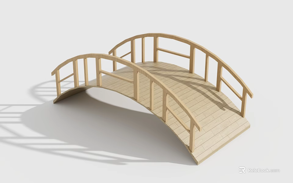 Natural Wooden Arched Garden Bridge With Curved Railings And Smooth Planks 3d model 