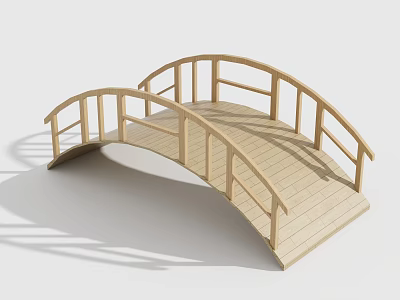 Natural Wooden Arched Garden Bridge With Curved Railings And Smooth Planks 3d model
