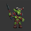 Green Skinned Horned Orc Warrior Holding Spiked Axe In Red And Green Armor