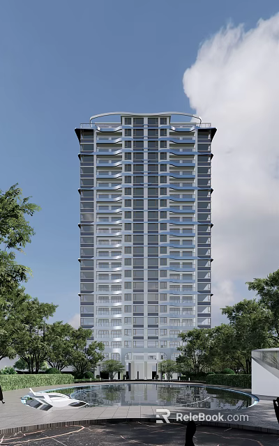 Modern High Rise Building Exterior Design With Trees Blue Sky And Clouds 3d model 