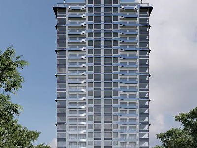 Modern High Rise Building Exterior Design With Trees Blue Sky And Clouds 3d model