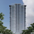 Modern High Rise Building Exterior Design With Trees Blue Sky And Clouds