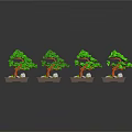 Four Green Bonsai Plants In Square Bases With Stones On Shiny Surface