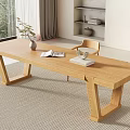 Modern Wooden Dining Table with Chairs Black Cushions Vase Magazines and Fruit Plate