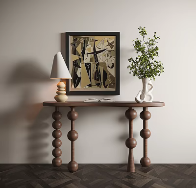 Modern Wooden Console Table with Spherical Legs Table Lamp Abstract Art and Green Plant 3d model