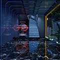 Modern KTV Interior Design Featuring Blue Neon Lights Music Stage Sofas And Geometric Decorations 3d model