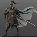 Ancient Warrior Man In Traditional Ornate Armor With Flowing Cloak And Sword
