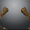 Golden Mechanical Arms 3D Rendered on Black Surface with Reflective Details