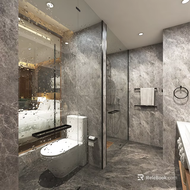 Elegant Hotel Bathroom Interior With Marble Walls Glass Shower And Smart Toilet 3d model 