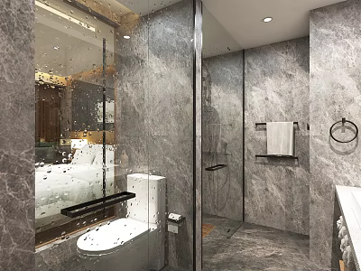 Elegant Hotel Bathroom Interior With Marble Walls Glass Shower And Smart Toilet 3d model