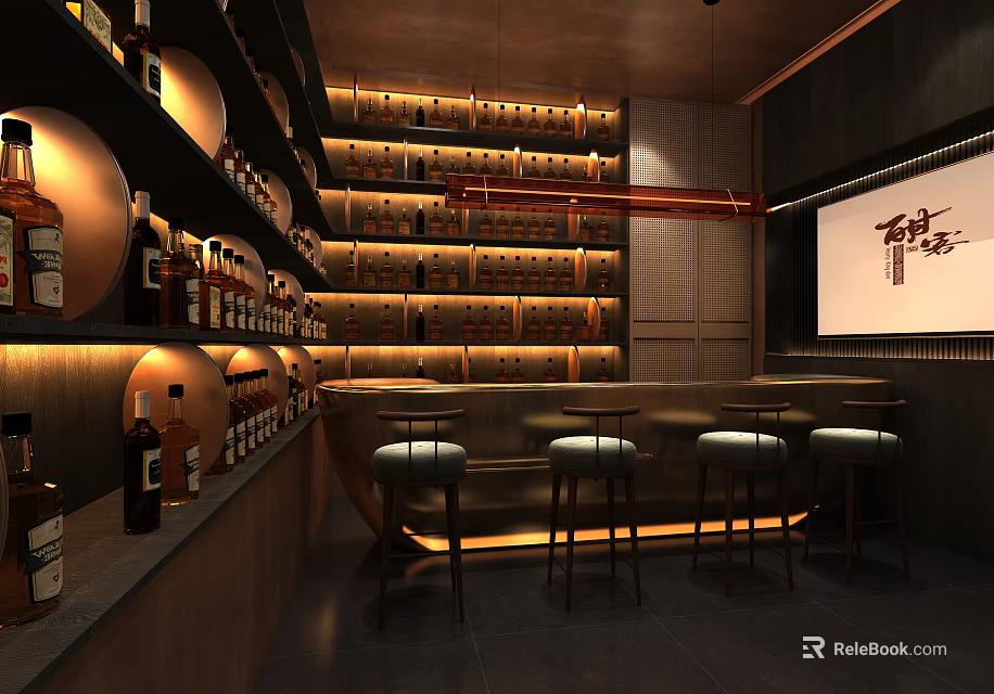 Cozy Bar Interior With Shelves Filled With Bottles Wooden Counter And Tall Stools 3d model 