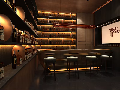Cozy Bar Interior With Shelves Filled With Bottles Wooden Counter And Tall Stools 3d model
