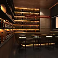 Cozy Bar Interior With Shelves Filled With Bottles Wooden Counter And Tall Stools