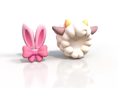 Cute Animal Hair Accessories Pink Rabbit Ear With Bow And White Sheep With Yellow Horns 3d model