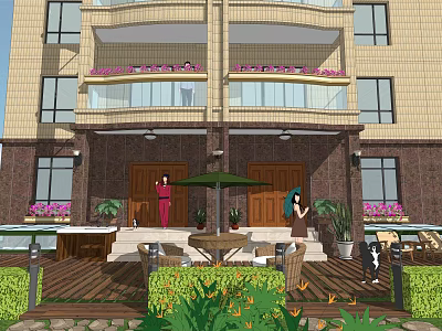 Beautiful Courtyard Garden with Wooden Deck Outdoor Furniture Umbrella Green Plants Flowers and Building Entrance 3d model