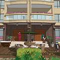 Beautiful Courtyard Garden with Wooden Deck Outdoor Furniture Umbrella Green Plants Flowers and Building Entrance