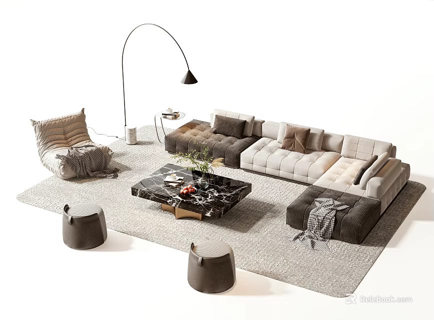 Modern Sectional Sofa And Coffee Table Set With Floor Lamp Stools And Rug 3d model 