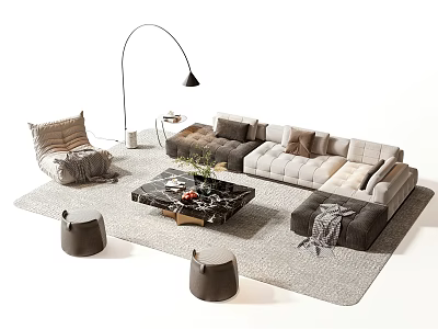 Modern Sectional Sofa And Coffee Table Set With Floor Lamp Stools And Rug 3d model