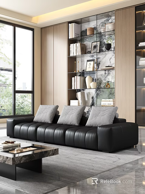 Sleek Black Leather Multi Seater Sofa For Modern Bright Luxury Living Room Interior Decor 3d model 