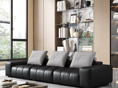 Sleek Black Leather Multi Seater Sofa For Modern Bright Luxury Living Room Interior Decor 3d model