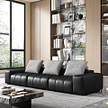 Sleek Black Leather Multi Seater Sofa For Modern Bright Luxury Living Room Interior Decor