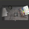 Wooden Tray Holding Art Supplies with Watercolor Paints Cup Papers Pencil and Palette
