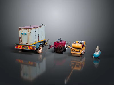 Construction Equipment Collection Featuring Trailer Generator Red Compressor Yellow Roller And Blue Cylinder 3d model