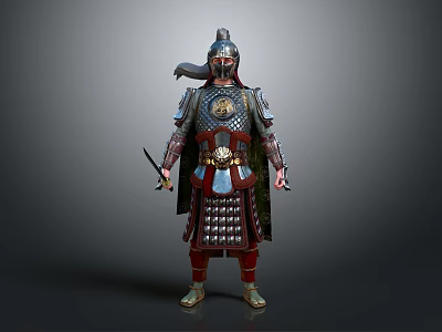 Game Movie Warrior Character With Detailed Metallic Armor Helmet And Sword 3d model