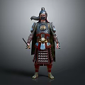 Game Movie Warrior Character With Detailed Metallic Armor Helmet And Sword