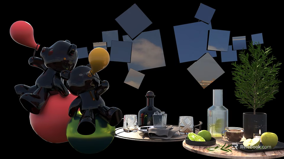 Decorative Ornament Set with Black Figurines Yellow Balloon Colorful Spheres Transparent Glassware and Geometric Squares 3d model 