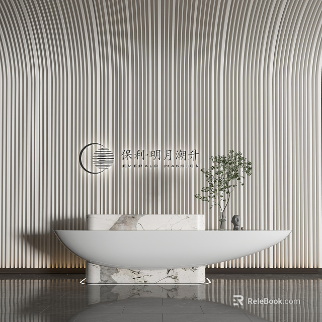 Marble Reception Desk With Striped Wall Potted Plant And Logo Design 3d model 