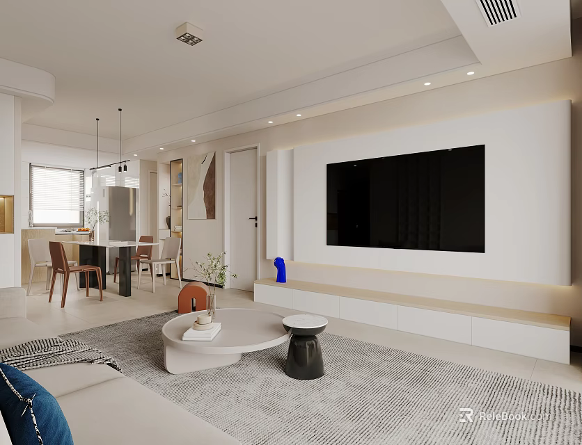 Open Concept Modern Living Dining Room With Sofa TV Wall Dining Table And Area Rug 3d model