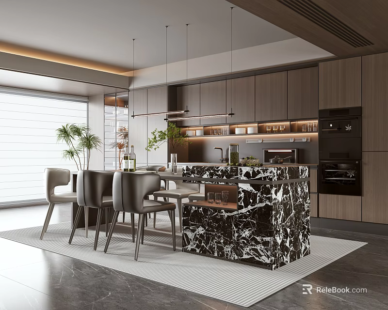 Modern Kitchen Interior With Marble Island Dark Cabinets Pendant Lights And Dining Chairs 3d model 