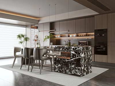 Modern Kitchen Interior With Marble Island Dark Cabinets Pendant Lights And Dining Chairs 3d model