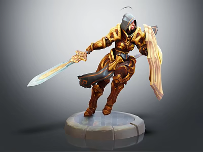 3D Fantasy Warrior In Golden Armor Holding Sword With Cloak Standing On Pedestal 3d model