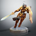 3D Fantasy Warrior In Golden Armor Holding Sword With Cloak Standing On Pedestal
