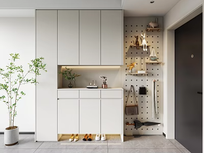 Modern White Shoe Cabinet With Open Compartment In Entryway Pegboard Wall Hooks And Green Plant 3d model
