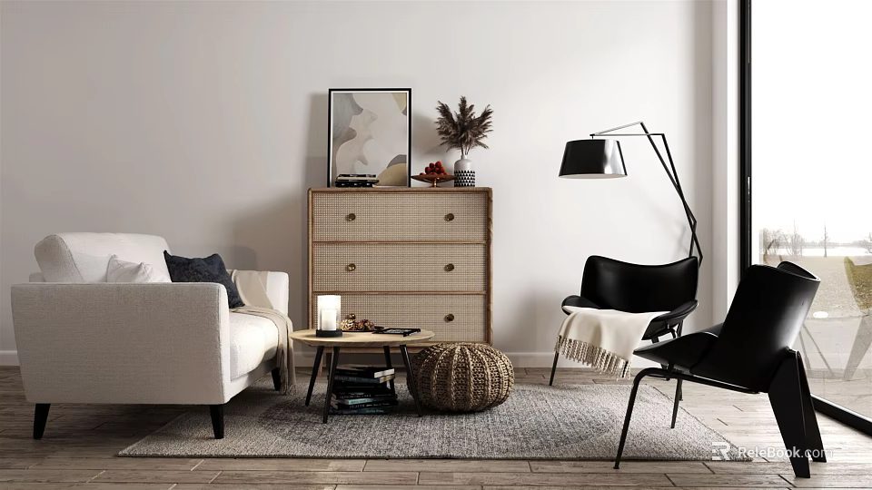 Modern Sofa And Coffee Table Set With Light Rug Beige Upholstery And Floor Lamp 3d model 