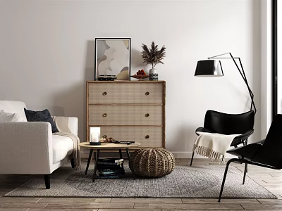 Modern Sofa And Coffee Table Set With Light Rug Beige Upholstery And Floor Lamp 3d model