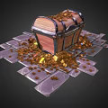 Ancient Wooden Treasure Chest With Scattered Gold Coins And Colorful Gemstones On Stone Floor