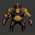 Angry Muscular 3D Monster Character In Orange Armor With Horns And Weapons