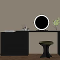Modern Black Dressing Table with White Framed Round Mirror Green Stool and Scented Items 3d model