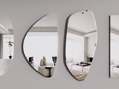 Various Shaped Wall Mounted Mirrors Reflecting Modern Living Room Interior With Furniture And Plants 3d model