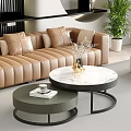 Modern Brown Leather Sofa and Round Coffee Table Set with Marble Top Metal Frame 3d model