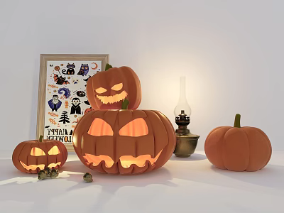 Halloween Decorative Ornament Set with Lit Jack-o'-lanterns Small Pumpkins Oil Lamp and Poster 3d model