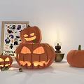 Halloween Decorative Ornament Set with Lit Jack-o'-lanterns Small Pumpkins Oil Lamp and Poster