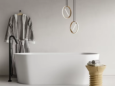White Bathtub with Striped Bathrobe on Hanger Round Pendant Lights and Wooden Stool with Towels 3d model